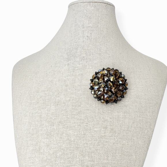 Vintage Brooch And Cluster Clip Earrings Brown AB Rhinestones Beads Gold Tone - Picture 7 of 13